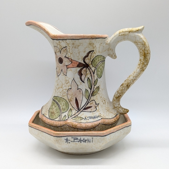 Vintage Alvino Bagni mid century cream peach floral ceramic pitcher & bowl
